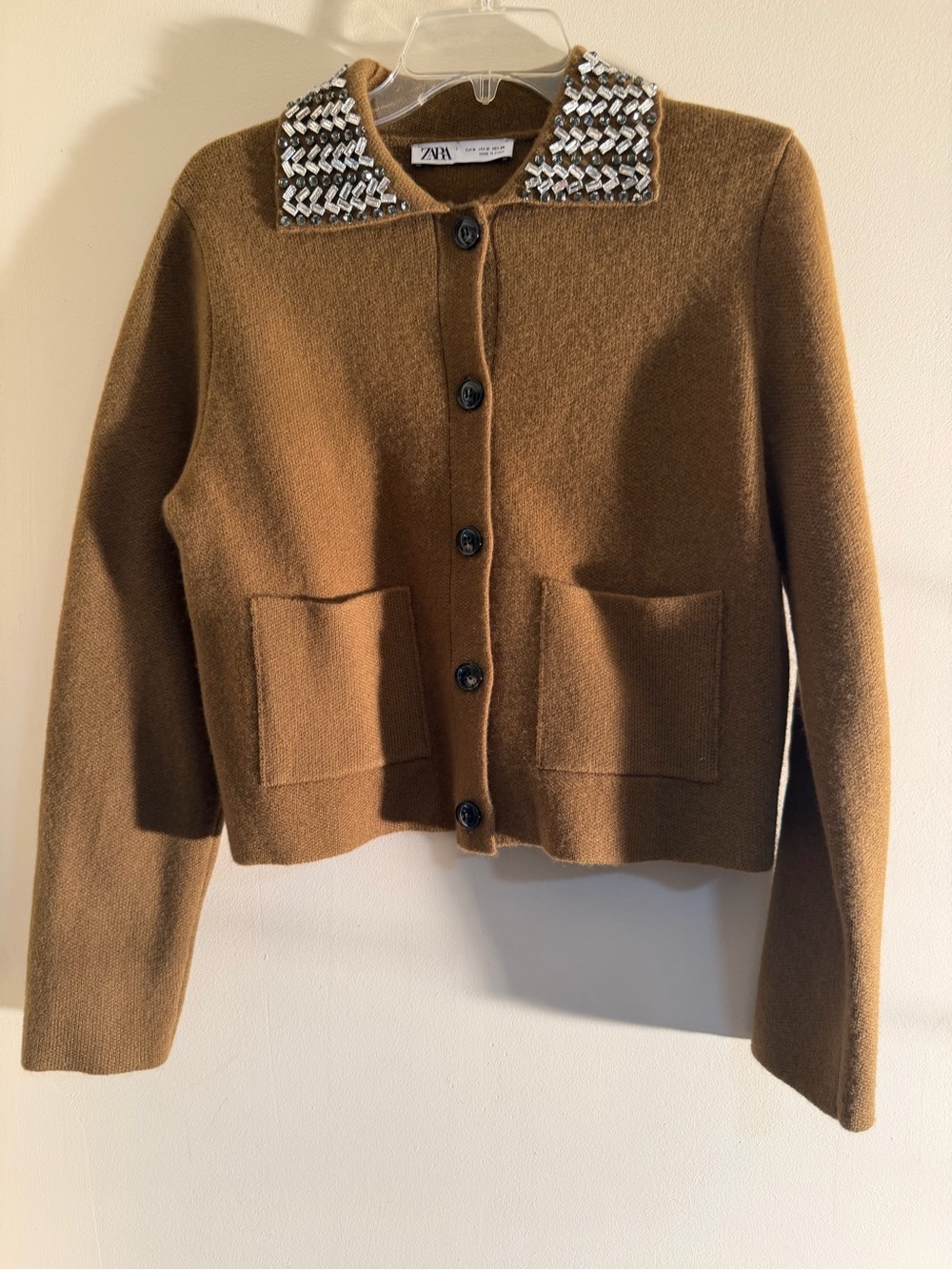 Zara Brown-green Embellished Collar Wool Blend Cardigan Jacket